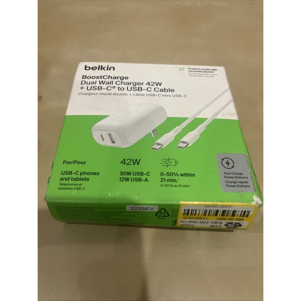 Belkin - BOOSTCHARGE 42W Dual Wall Charger + USB-C to USB-C Cable - New Open Box
